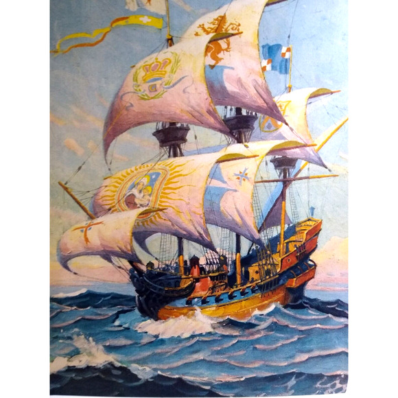 Manila Galleons Spanish Pirate Treasure Ship Art Print 1930s Lithograph Nautical - Picture 1 of 5